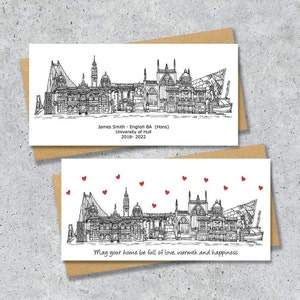 Kingston upon Hull skyline graduation or housewarming card, Personalised, Hull landmarks, black and white, hearts