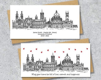 Oxford skyline graduation or housewarming card, Personalised, Oxford landmarks, black and white, hearts