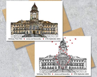 Wallasey Town hall wedding day anniversary venue card, Personalised, A4 Print only