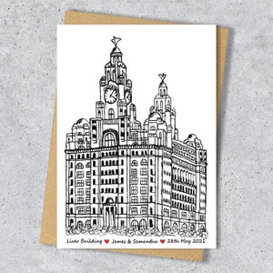 Liver building wedding day anniversary venue card, Personalised, A4 Print only BW LBuilding2Bird
