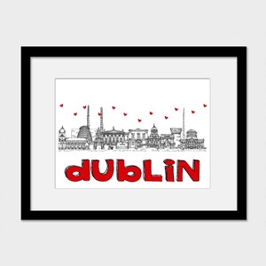 Dublin landmarks art print, black and white, Hearts, Dublin gift