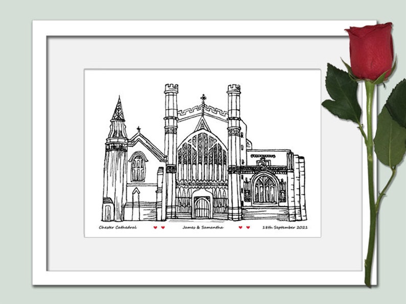 Impression personnalisée de cadeau d'anniversaire de lieu de mariage de la cathédrale de Chester, noir et blanc, coeurs image 7