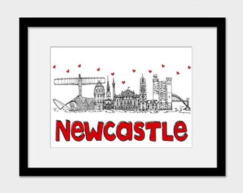 Newcastle landmarks print, black and white, Hearts, Newcastle gift