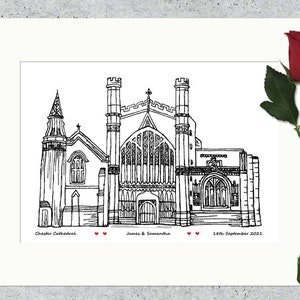 Impression personnalisée de cadeau d'anniversaire de lieu de mariage de la cathédrale de Chester, noir et blanc, coeurs image 4