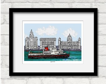 Liverpool waterfront print, Liverpool ferry, Liver building, The three graces, mounted, framed or print only