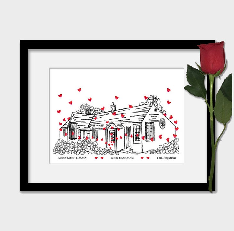 Impression personnalisée de lieu de mariage Gretna Green, cadeau d'anniversaire, coeurs, art mural BlackWhiteHearts