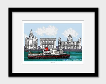 Liverpool waterfront wall art gift print, Liverpool ferry, Liver building, The three graces