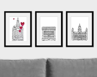 Set of 3  Liverpool prints, Three Graces, Liverpool housewarming gift