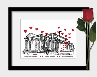 Impression personnalisée de cadeau d'anniversaire de lieu de mariage de St George's hall, noir et blanc, coeurs