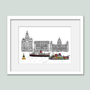 Impression d'art mural Liverpool, cadeau Liverpool, ferry Dazzle, ferry Royal iris, Les trois grâces WHT Framed A4 print