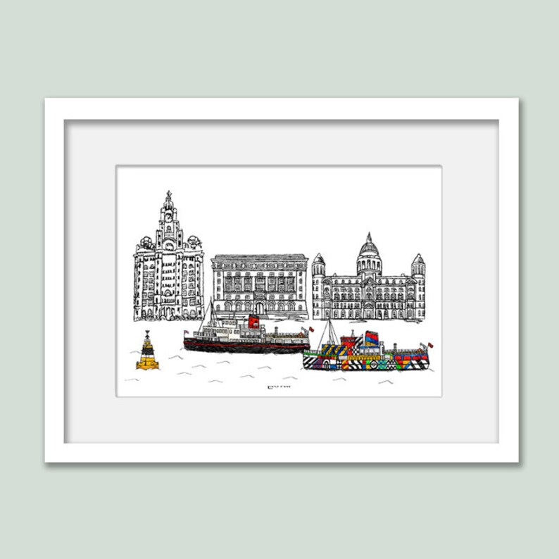 Impression d'art mural Liverpool, cadeau Liverpool, ferry Dazzle, ferry Royal iris, Les trois grâces WHT Framed A4 print