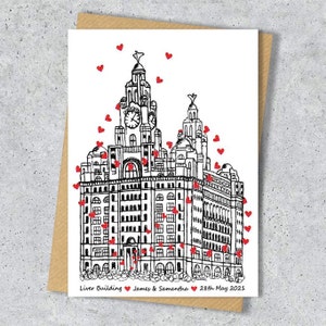 Liver building wedding day anniversary venue card, Personalised, A4 Print only HrtsLBuilding2Bird