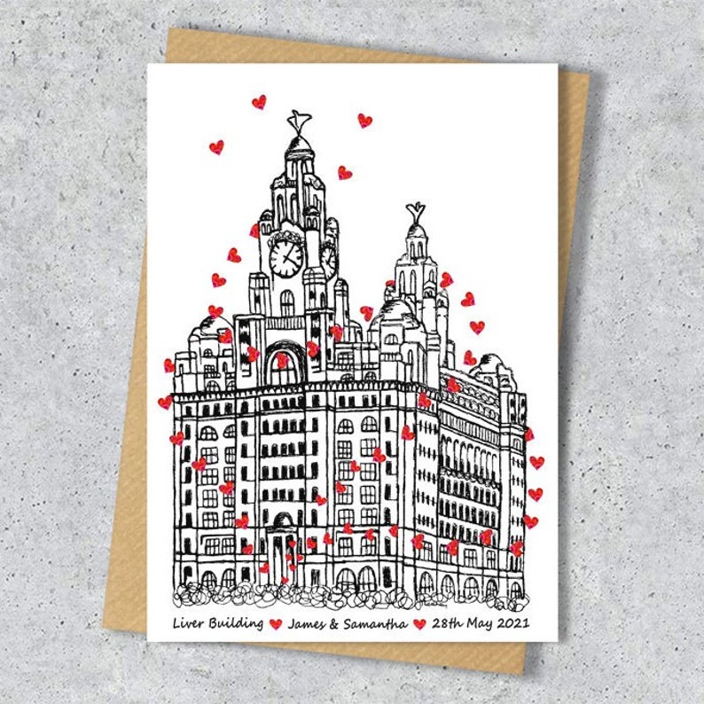 Liver building wedding day anniversary venue card, Personalised, A4 Print only HrtsLBuilding2Bird