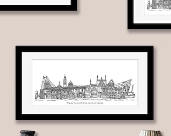 Puede incluir: Una impresión de arte lineal en blanco y negro de un horizonte urbano con monumentos arquitectónicos, con el texto "May your home be full of love, warmth and happiness" impreso bajo la ilustración, en un marco rectangular negro.