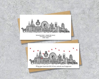 Liverpool skyline graduation or housewarming card, Personalised, Liverpool landmarks, black and white, hearts