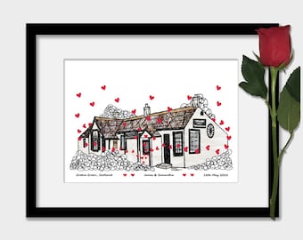 Impression personnalisée de lieu de mariage Gretna Green, cadeau d'anniversaire, coeurs, art mural