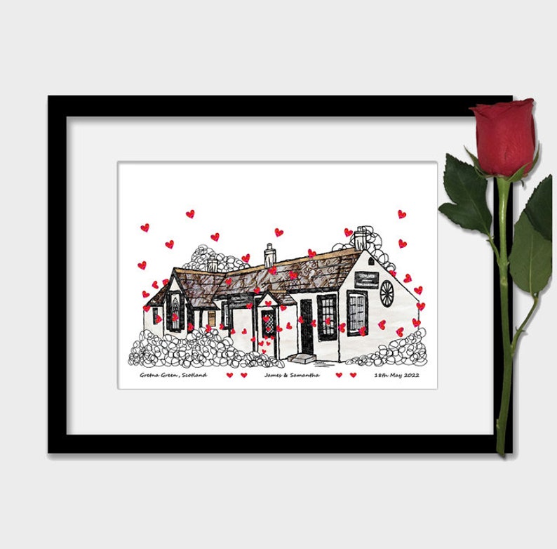 Impression personnalisée de lieu de mariage Gretna Green, cadeau d'anniversaire, coeurs, art mural ColourHeartsPrint