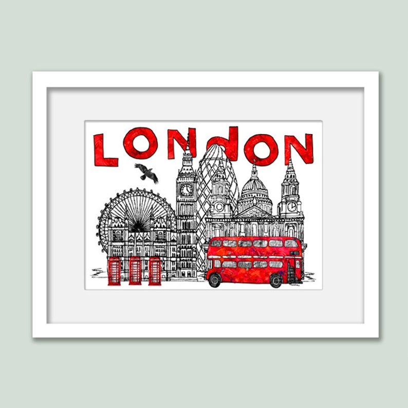 Impression d'art murale bus rouge de la ville de Londres, capitale de l'Angleterre, cadeau Londres WHT Framed A4 print