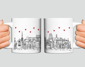 Mug en céramique Prescot, coeurs, monuments du Merseyside