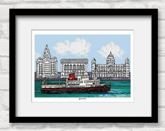 Liverpool waterfront print, Liverpool ferry, Liver building, The three graces, mounted, framed or print only