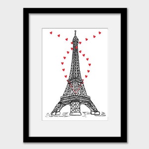 Impression d'art mural tour Eiffel, cadeau d'anniversaire de mariage de fiançailles à Paris, noir blanc rouge Hearts