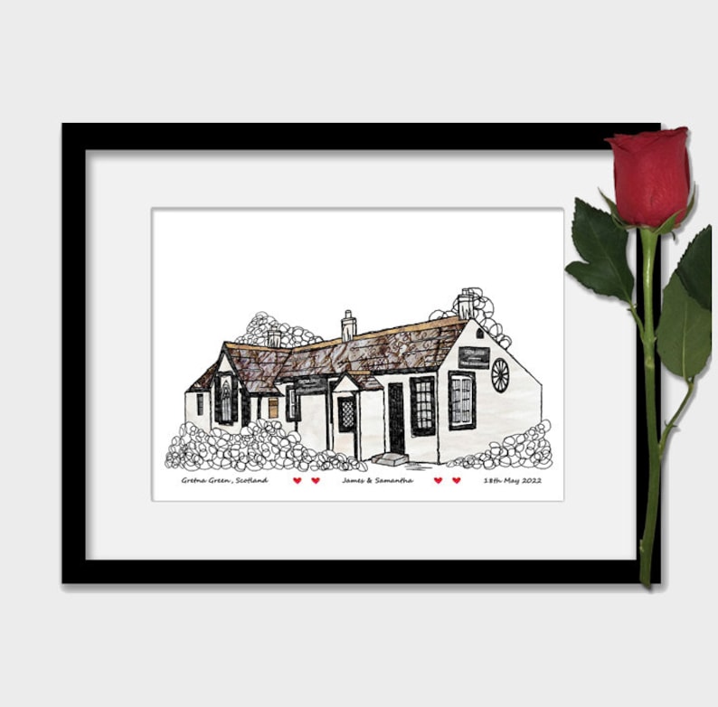 Impression personnalisée de lieu de mariage Gretna Green, cadeau d'anniversaire, coeurs, art mural ColourPrint