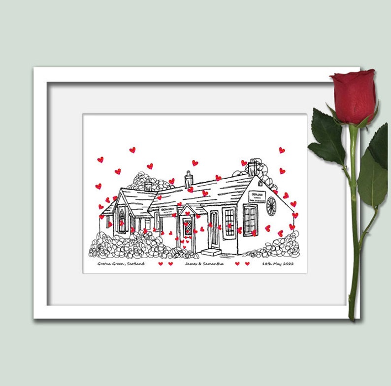 Impression personnalisée de lieu de mariage Gretna Green, cadeau d'anniversaire, coeurs, art mural image 9