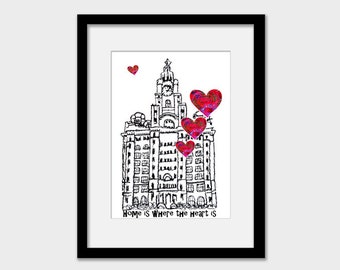 Royal Liver Building wall art print, Home is where the heart is, Black and white print, Liverpool gift