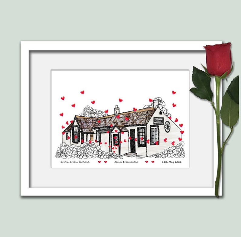 Personalised Gretna Green wedding venue print, Anniversary gift, hearts, Wall art afbeelding 7