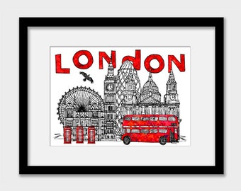 London town red bus wall art print, Capital of England, London gift