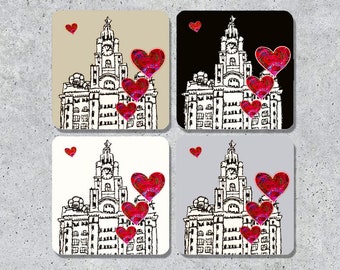 Liver building with hearts coaster, liverpool gift souvenir memento