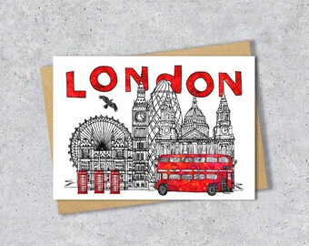 London red bus A6 card, A5 Print, A4 Print, Capital of England, Black, white and red