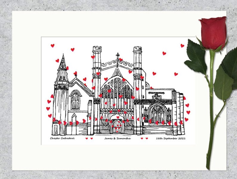Impression personnalisée de cadeau d'anniversaire de lieu de mariage de la cathédrale de Chester, noir et blanc, coeurs image 3