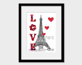 Eiffel Tower wall art print, Paris engagement wedding anniversary gift, Black white red