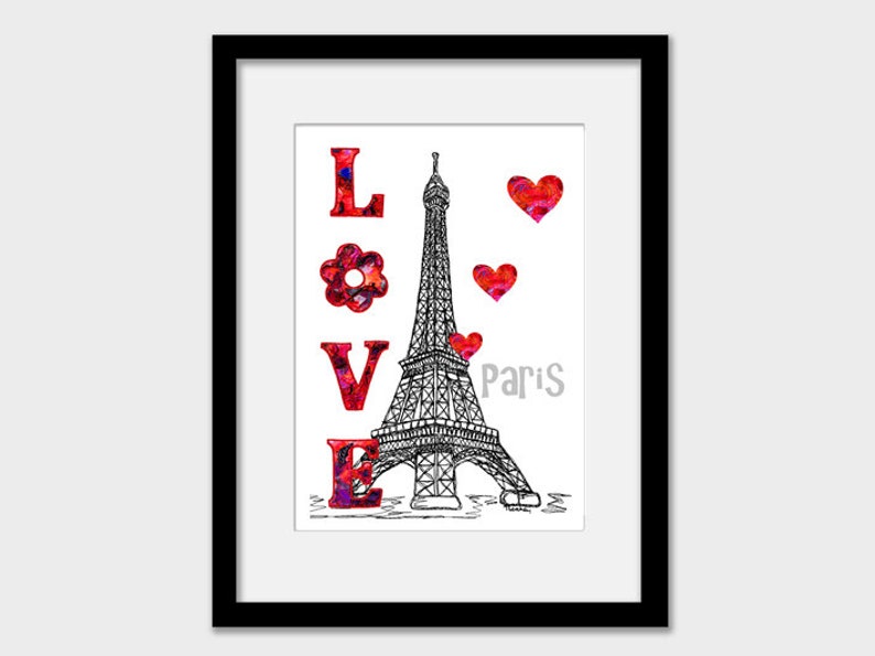Impression d'art mural tour Eiffel, cadeau d'anniversaire de mariage de fiançailles à Paris, noir blanc rouge Love paris