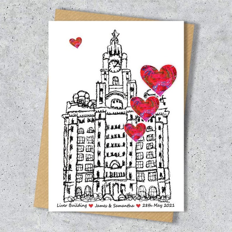 Liver building wedding day anniversary venue card, Personalised, A4 Print only HrtsLBuilding