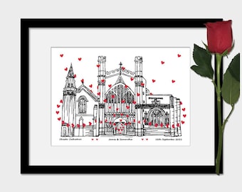 Chester cathedral wedding venue print, Anniversary gift, black and white, Hearts