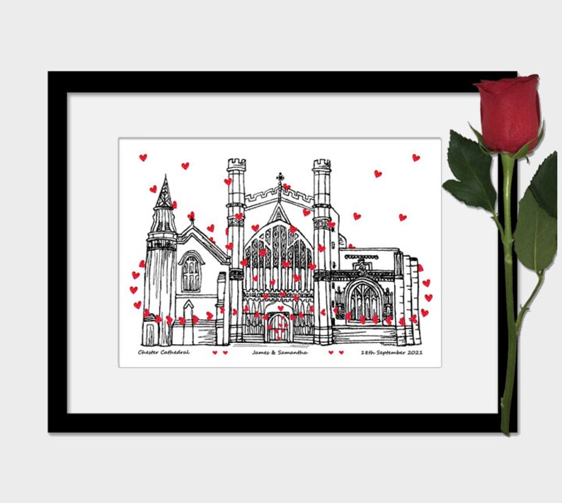 Impression personnalisée de cadeau d'anniversaire de lieu de mariage de la cathédrale de Chester, noir et blanc, coeurs Hearts