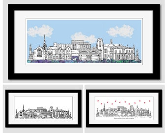 Prescot Skyline Art Print, Shakespeare North, Personalised, Framed, Mounted, Prescot landmark, Prescot gift