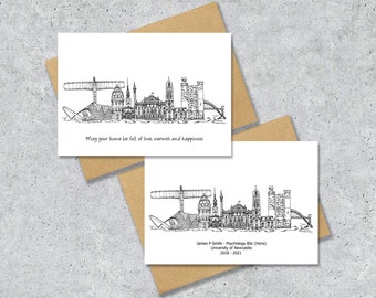 Newcastle skyline landmarks A6 card, A5 Print, A4 print, personalised, black and white