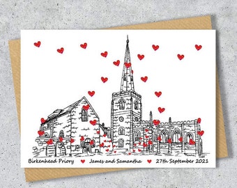 Birkenhead Priory wedding day anniversary venue card, Personalised, A4 Print only