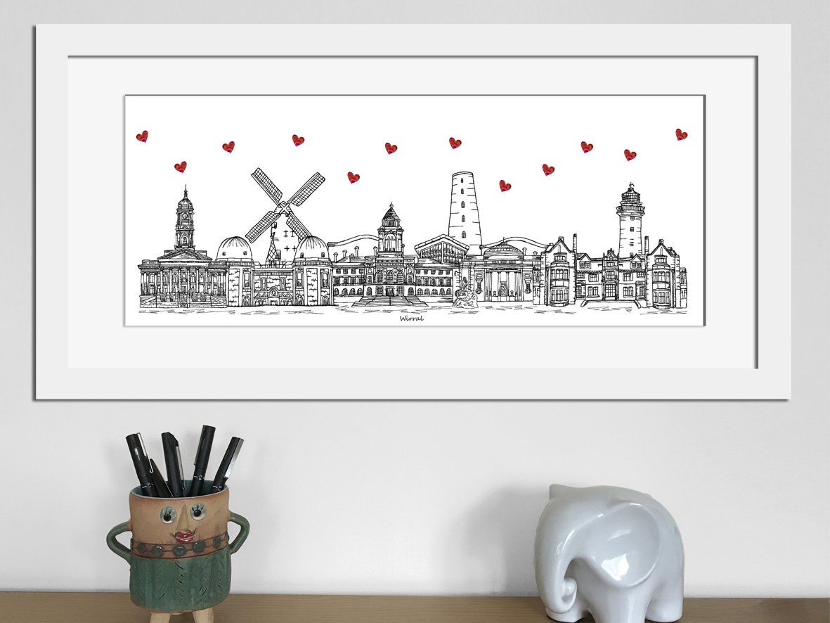 coloured background Wirral print Mounted 50cm x 23cm Framed Print only Wirral skyline art print