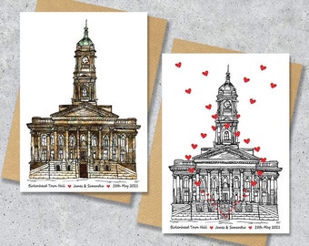 Birkenhead Town hall wedding day anniversary venue card, Personalised, A4 Print only
