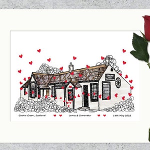 Personalised Gretna Green wedding venue print, Anniversary gift, hearts, Wall art afbeelding 5