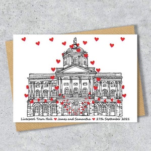 Liverpool Town hall wedding day anniversary venue card, Personalised, A4 Print only B&W (Hearts)