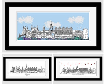 Chester Skyline Art Print, Personalised, Framed, Mounted, Chester landmarks, Chester gift