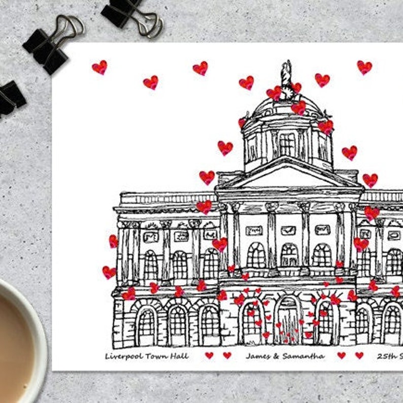 Liverpool Town hall wedding day anniversary venue card, Personalised, A4 Print only afbeelding 5