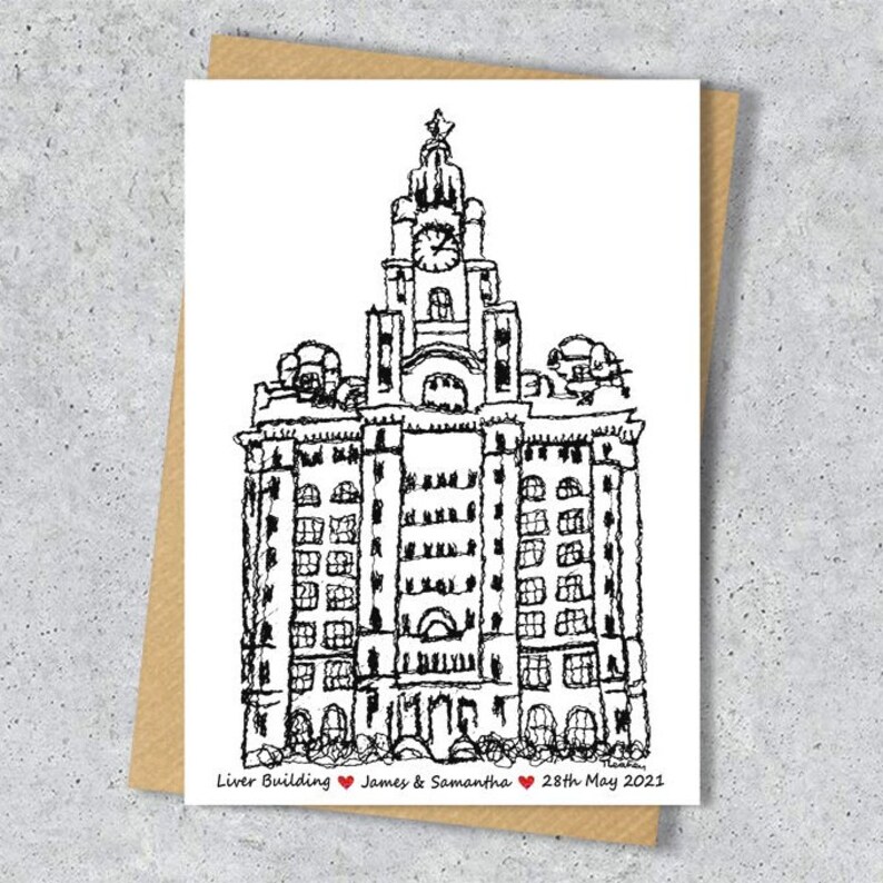 Liver building wedding day anniversary venue card, Personalised, A4 Print only BW LBuilding