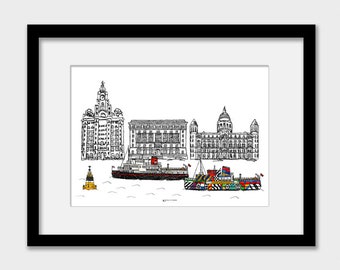 Liverpool wall art print, Liverpool gift, Dazzle ferry boat, Royal iris ferry boat, The three graces