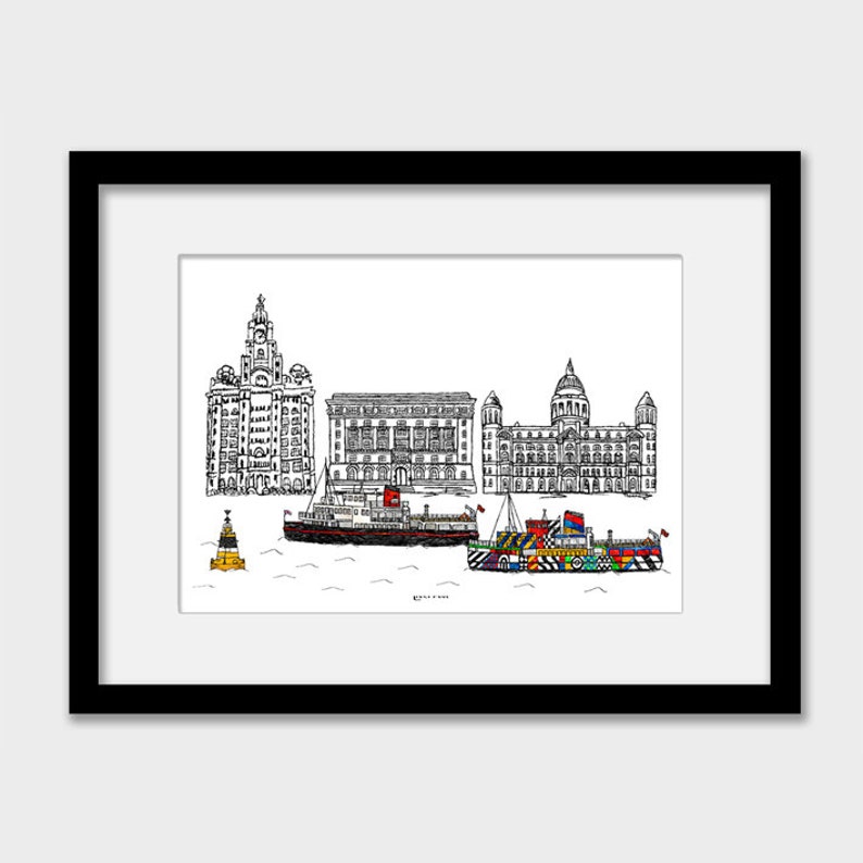 Impression d'art mural Liverpool, cadeau Liverpool, ferry Dazzle, ferry Royal iris, Les trois grâces BLK Framed A4 print